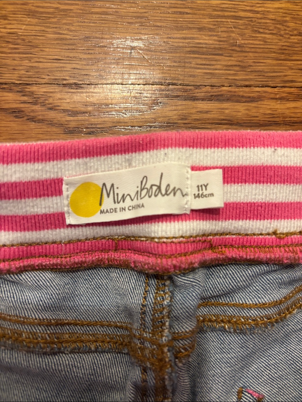 Mini Boden Blue Flare Jeans with Pink-Striped Waist - Picture 2 of 4